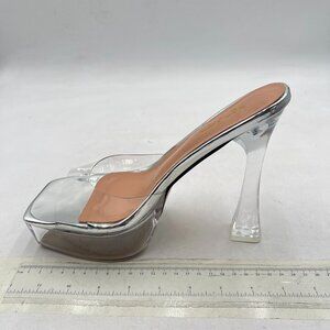 XYD Silver Comfortable Peep Toe High Chunky Heel Mules Platform Clear Sandals